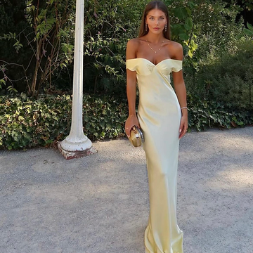 Mermaid Off The Shoulder Yellow Satin Long Evening Dress Prom Dresses SD2063 HZ0628